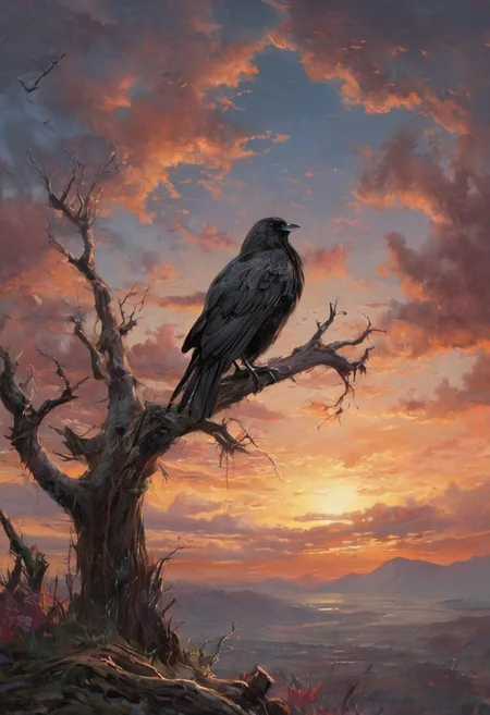  Raven, oil on canvas, , (best quality, high resolution, extreme detail, outstanding composition, masterpiece:1.4),, dominating the background is a large mountain, adorned with a red orange hue that transitions into deep orange and brown hues near the peak. the mountain's top is capped with a red light, adding an eerie glow to the scene. in the foreground, there's a tree with gnarled branches reaching out towards the sky, reminiscent of a bony hand. this tree appears to be made of black lines against a backdrop of red orange clouds. above, the night sky is visible, with the moon casting a soft white light. despite being set at night, the colors and lighting give the scene a dreamy and ethereal quality., romantic impressionism, dream scenery art, beautiful oil matte painting, romantic, style 