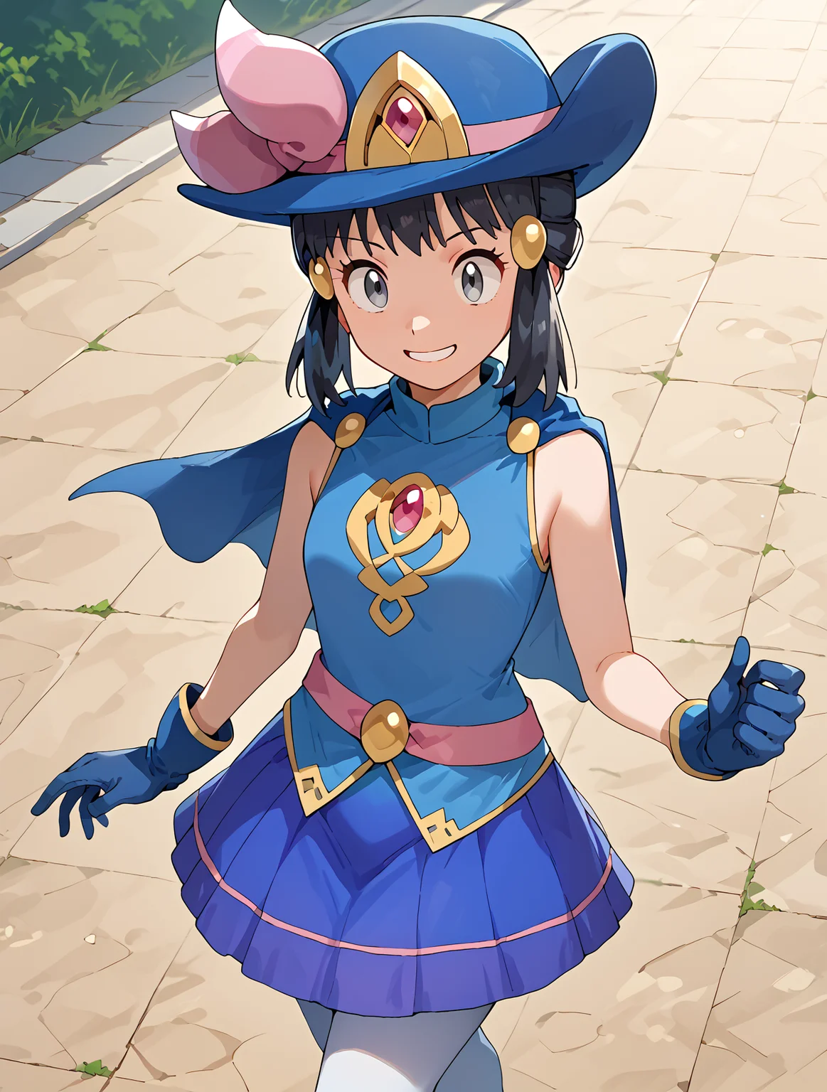 Walking with hands swinging by sides, Aerial View, solo, 1girl, smile, <lora:DawnPony:1>Dawn_Syg, short hair, black hair, grey eyes, sidelocks, pink bow, blue hat, hair ornament, cape, blue shirt, sleeveless, golden brooch, red gem, pink belt, blue gloves, blue skirt, white pantyhose, blue footwear,, score_9, score_8_up, score_7_up,