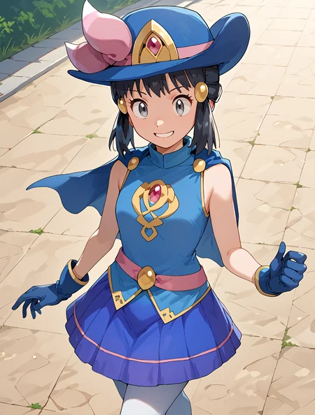 Walking with hands swinging by sides, Aerial View, solo, 1girl,  smile, <lora:DawnPony:1>Dawn_Syg, short hair, black hair, grey eyes, sidelocks, pink bow, blue hat, hair ornament, cape, blue shirt, sleeveless, golden brooch, red gem, pink belt,  blue gloves, blue skirt, white pantyhose, blue footwear,, score_9, score_8_up, score_7_up,