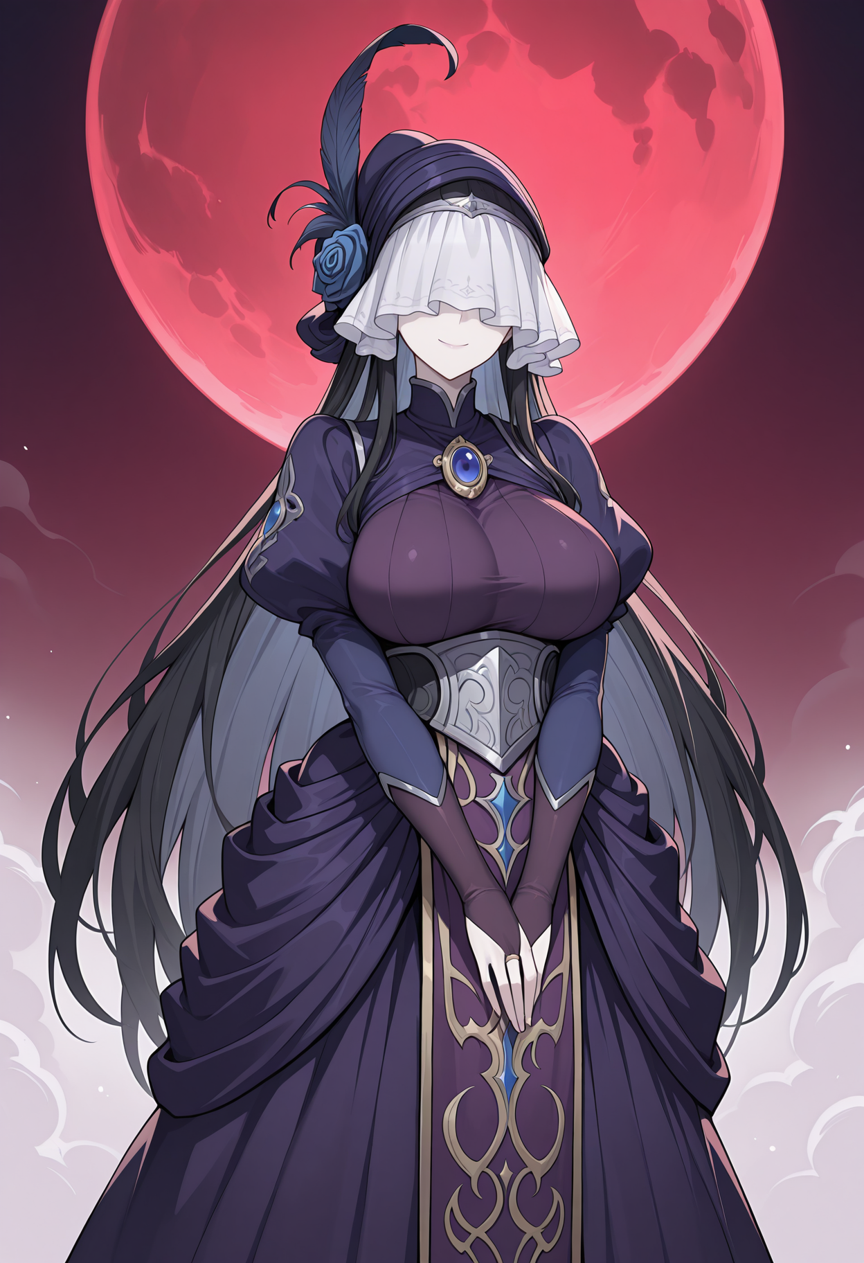 night sky, fog, red moon, full moon,celestegbf, black hair, very long hair, pale skin, large breasts,dark purple dress, blue sleeves, covered eyes, hat, hat feather, veil, blue rose, brooch, jewelry, puffy long sleeves, bridal gauntlets, long dress, tabard,smile, v arms, standing, <lora:_celeste_granblue-elesico-ilxl-000012:1> highres, best quality, masterpiece,
1girl, solo,