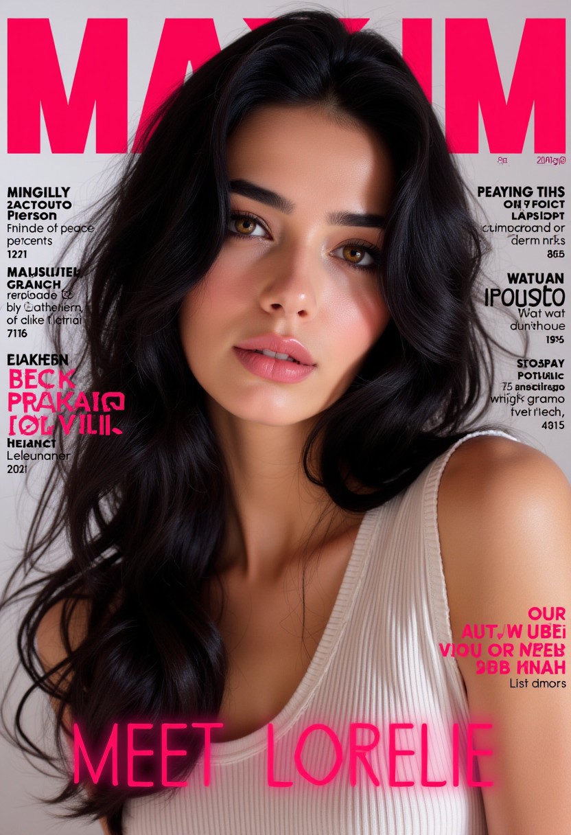 8K HD, ultra-realistic, photorealistic fashion magazine cover. Styled as a MAXIM magazine issue with sub-titles and storys. with bold red "MAXIM" text at the top. The bottom of the cover features Neon pink text that reads "MEET LORELIE". The cover showcases a beautiful young woman with dark black hair, wearing a sleeveless wide ribbed cotton dress. High detail and maximum realism in lighting, texture, and composition.