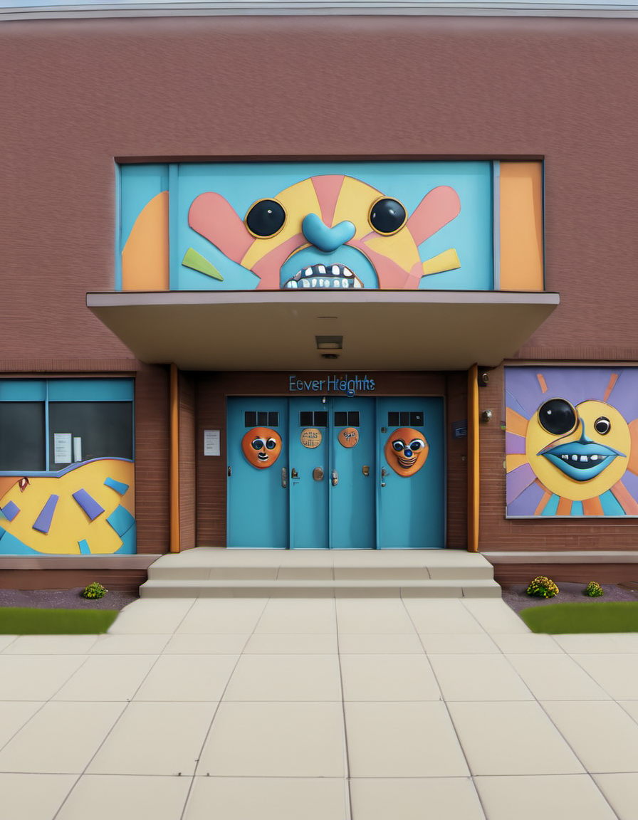 the Everly Heights Community Center with funky faces painted on it <lora:Everly Heights TaleSpinner:1>