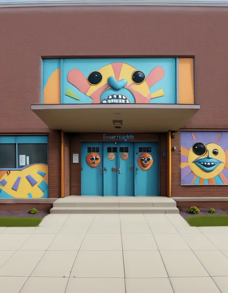 the Everly Heights Community Center with funky faces painted on it <lora:Everly Heights TaleSpinner:1>