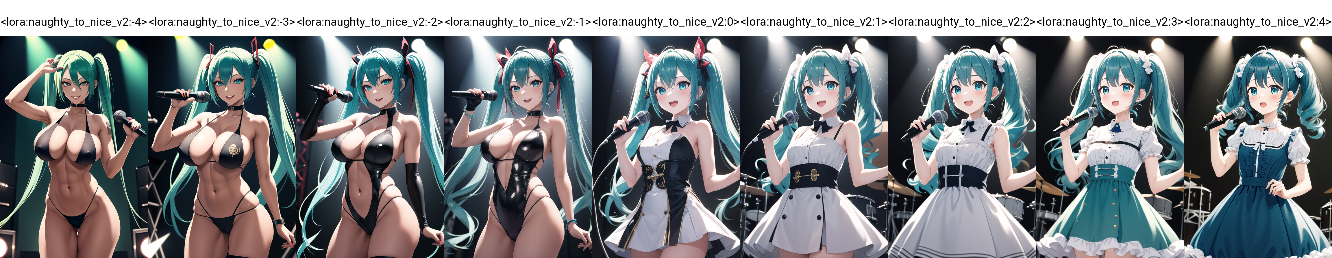 8k, highres, masterpiece, ultra-detailed, (high detail:1.1), 1girl, (hastune miku), twintails, idol costume, aqua hair, stage, spotlights, microphone, cowboy shot, <lora:naughty_to_nice_v2:-4>