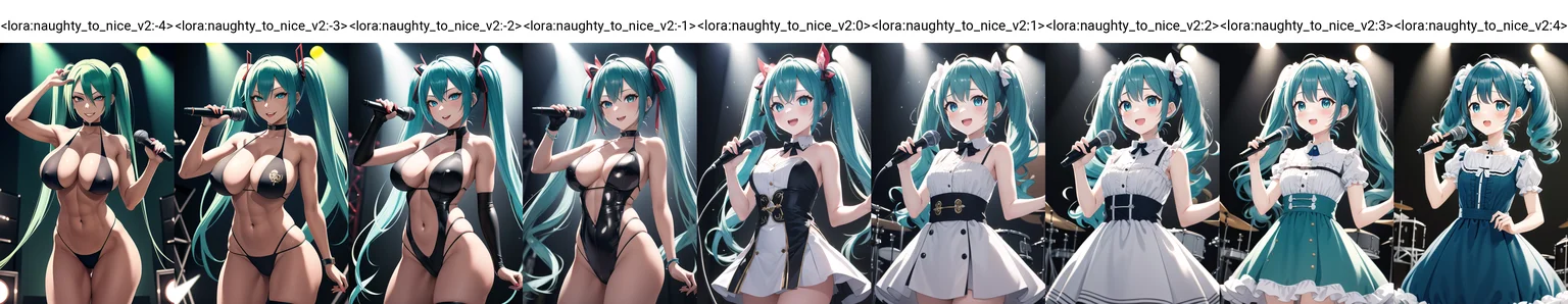 8k, highres, masterpiece, ultra-detailed, (high detail:1.1), 1girl, (hastune miku), twintails, idol costume, aqua hair, stage, spotlights, microphone, cowboy shot, <lora:naughty_to_nice_v2:-4>