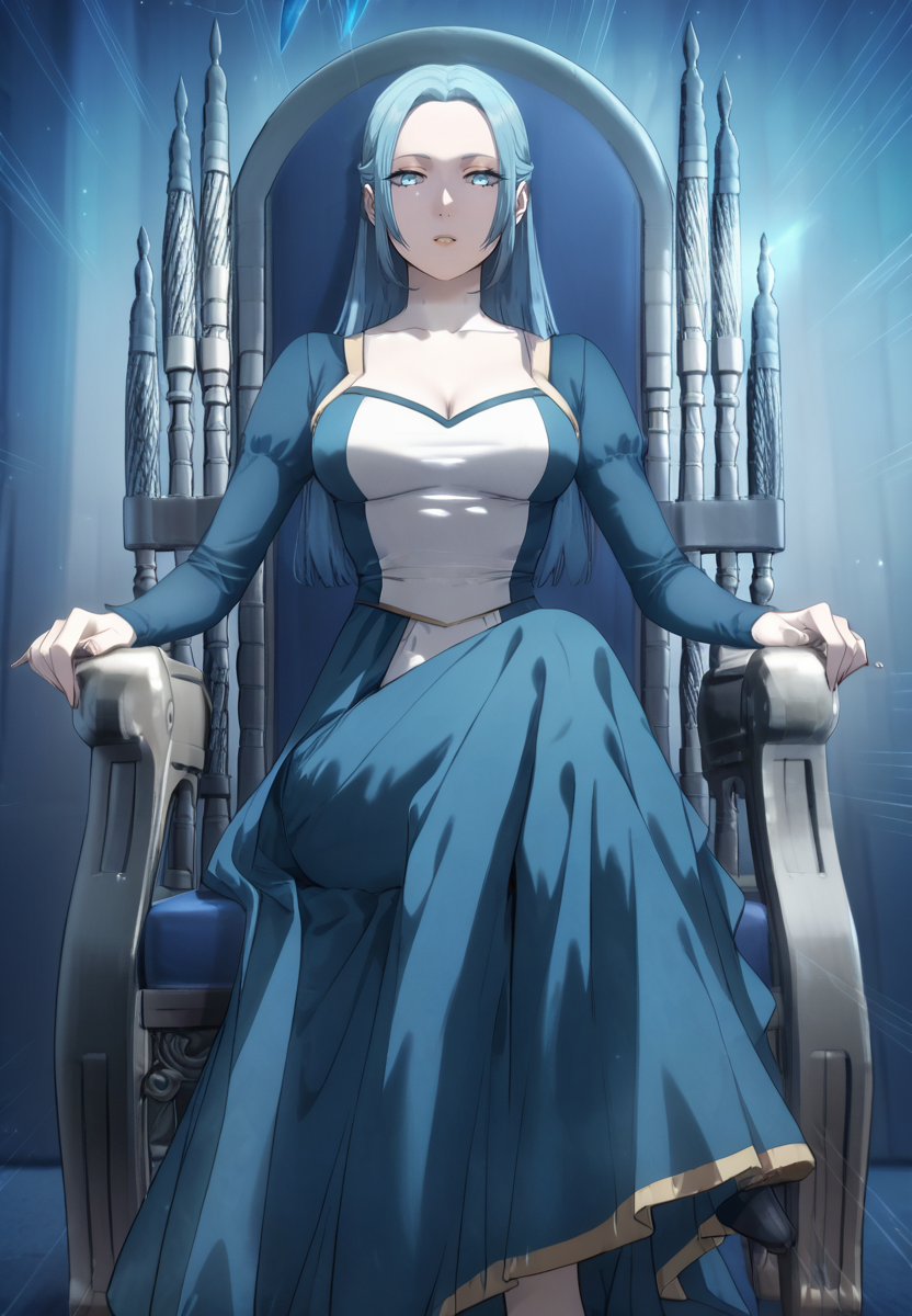 zPDXL3, score_9_up, score_8_up, score_7_up, (Anime_source),Masterpiece,(perfect female body:1.2), small waist,(incredibly detailed:1.4), slim, beautiful fingers, beautiful white skin, Beautiful clear skin, (large breasts:1.4)  thick thighs, parted lips, looking at viewer, big breasts, ass, perfect ass,  <lora:Alicia_Heinal_-_Star-Embracing_Swordmaster-Kaleid-PONY:1> aliciaheinal, 1girl, long hair, blue hair, blue eyes, cleavage, collarbone, from below, sitting on throne, crossed legs, blue dress, long sleeves