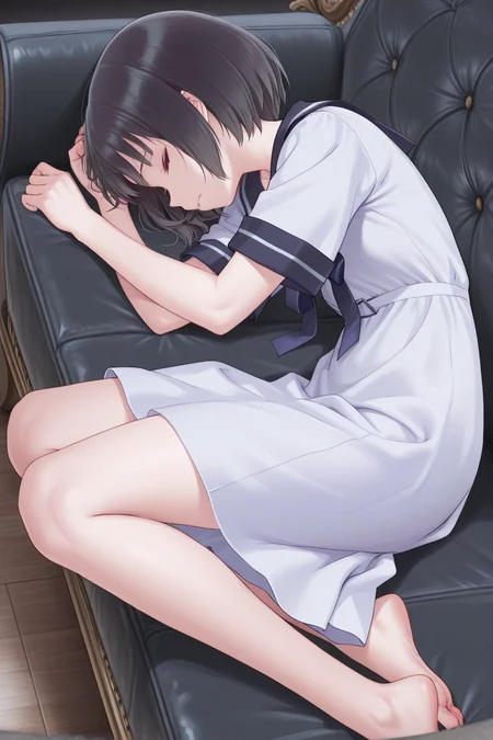 masterpiece, best quality, amazing quality,
<lora:Uta_IL:1>  uta, 1girl, solo, barefoot, dress, lying, couch, closed eyes, short hair, on back, black hair, sailor dress, from side, white dress, short sleeves, sailor collar
