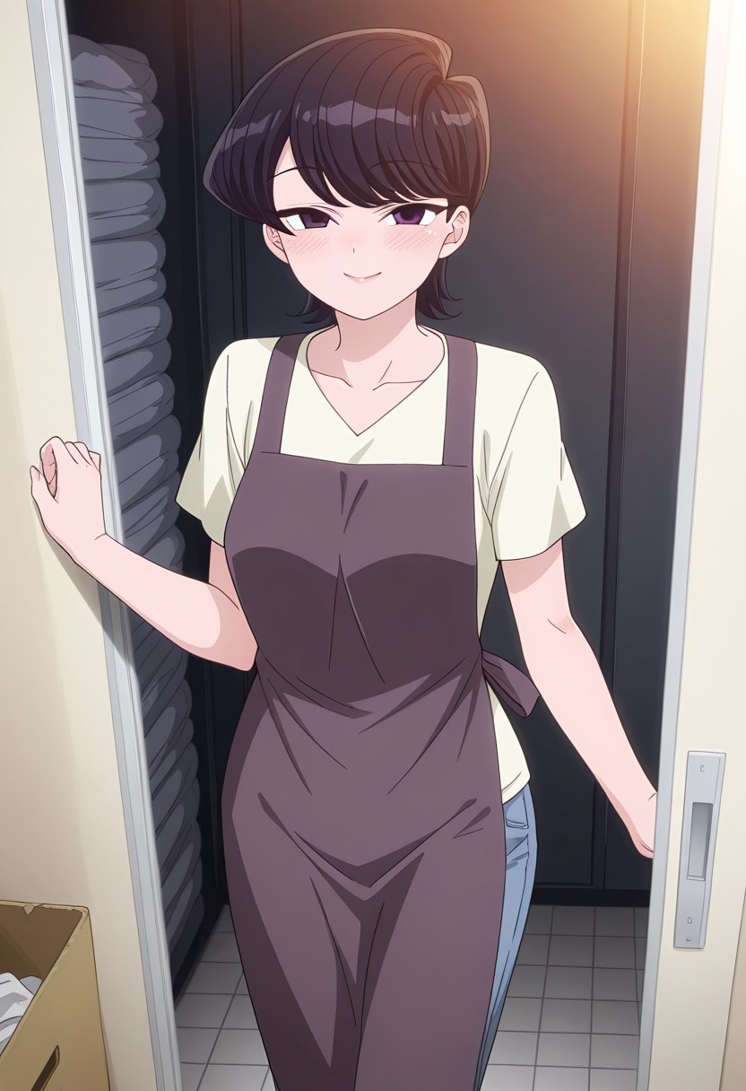 Rating 9, Rating 8, Rating 7, Rating 6, Rating 5, Rating 4, Masterpiece, Superior Quality, Amazing Quality, Masterpiece, Highest Quality, Ultra-detailed, Dynamic Angle, Dynamic Composition, Alone, white frame, maximum contrast, saturated color, bright colors, dynamic lighting,
1 girl, medium shot,vibrant colors, high contrast,
komishuukocnn, 1girl,black hair, short hair, bangs, purple eyes,mature female,
shirt, jeans, short sleeves,
(((take off dark gray apron))), inside a laundry room, pile of dirty clothes in the background, she is standing, looking at the viewer, blushing, sensual eyes, mischievous smile,