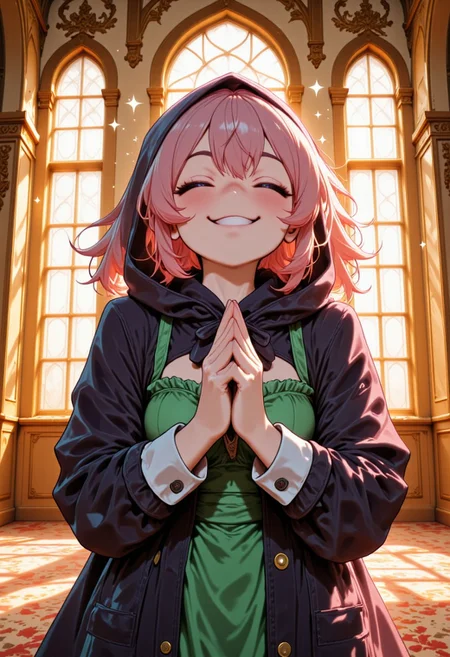 Create an illustration of a cheerful Civchan. Civchan have a bright, radiant smile with closed eyes and small sparkles around their head. She iis wearing a dark purple hood (JILBAB) over a dark coat with white cuffs, paired with a vibrant green dress featuring ruffled details. Civchan's hands are clasped together in a prayer-like gesture, expressing gratitude or excitement. The background is a elegant great mosque of Moslem holy place, golden light to fill the space, and the walls have golden paneling or ornate detailing with a wonderful Mosque dome. The overall mood should be warm, positive, and inviting. CLEAR BIG OVERLAY TEXT:"HAPPY EID MUBARAK! UKHTI CIVCHAN". Perfect hand, Detailed hand, Hand, aidmatextimprover