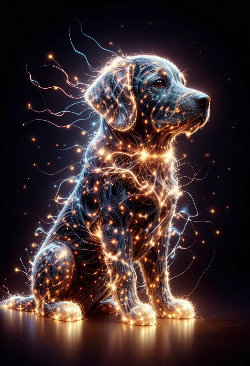 3N3RGY, cute dog made of electricity and sparkle, ,Masterpiece,best quality, raw photo, realistic, very aesthetic