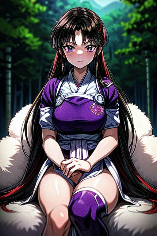 masterpiece,  best quality 1girl Setsun4 solo long hair,  (night time) forest background black hair very long hair purple eyes multicolored hair armor (fur trim) (medium body),<lora:EMS-179-EMS:0.800000>,<lora:EMS-293862-EMS:0.800000> bow, hair_bow, hair_tubes, red_bow, brown_hair, long_hair, bangs, ascot, frilled_bow, yellow_ascot, blush, smile, hair_between_eyes, athletic, armor, miko, ,(((intricate outfit,intricate clothes,embroidered outfit,ornate outfit,embroidered clothes,ornate clothes))), sitting