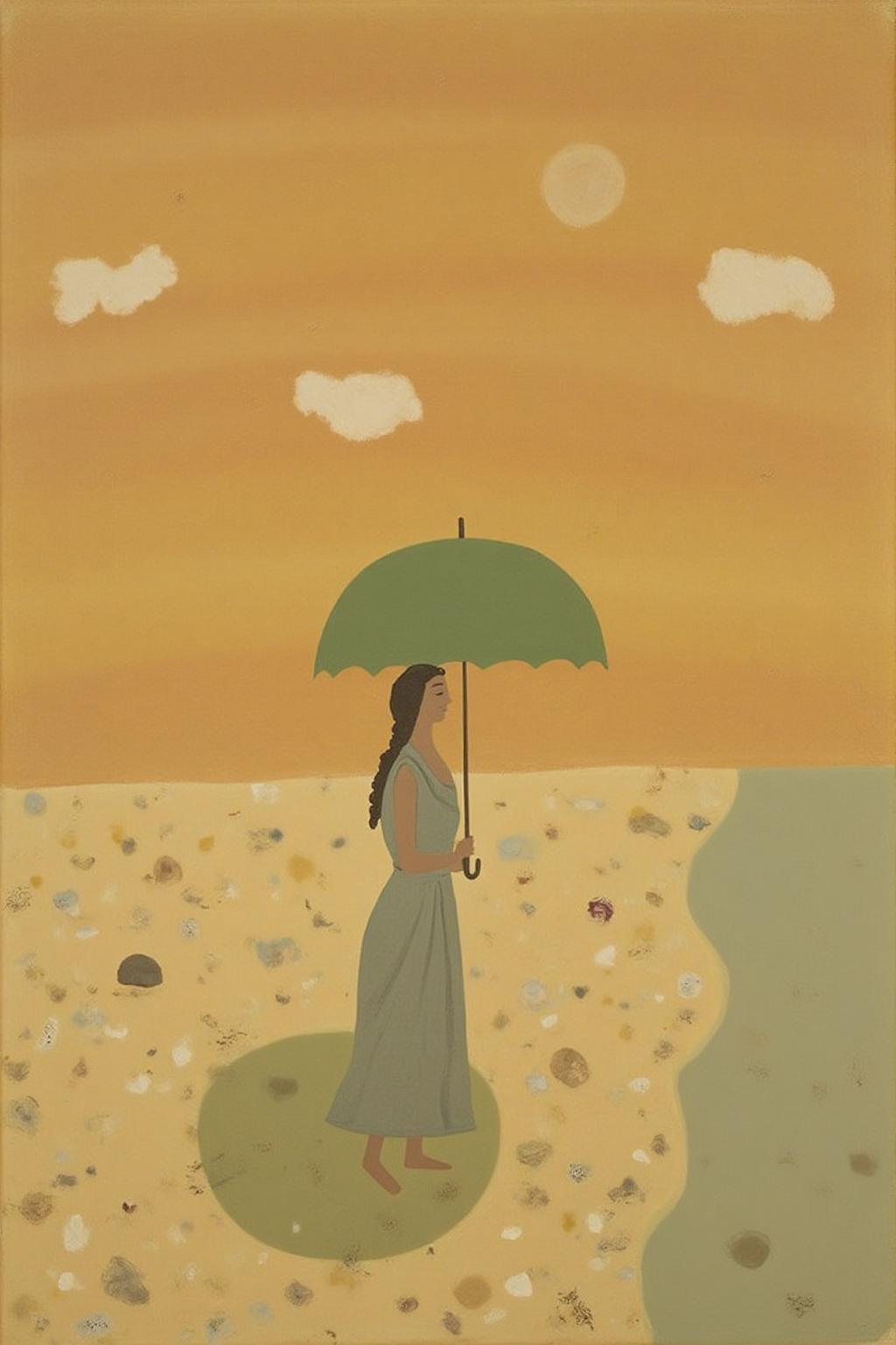 dorislee1 painting.
A solitary woman stands on a beach, holding a parasol. The background features a gradient of warm, earthy tones transitioning from deep orange to light yellow, suggesting an evening or sunrise sky with a few scattered, fluffy white clouds. The woman, rendered in silhouette, stands on a sandy beach strewn with small, scattered pieces of white and light brown objects, possibly shells or pebbles. <lora:dorislee1_cap_d6a3:1.0><lora:834813592470664899:0>