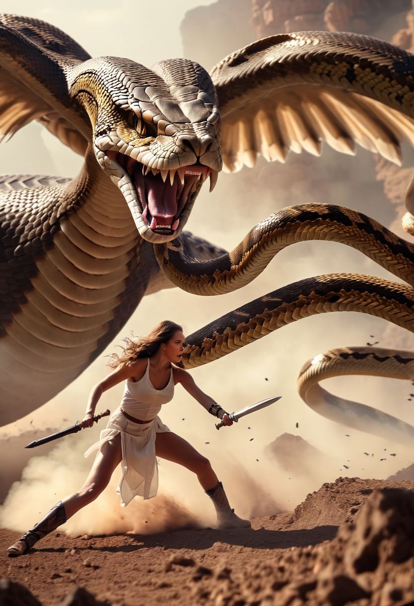 raw photo, cinematic,  angel girl, weapon, , battle, giant snake, action