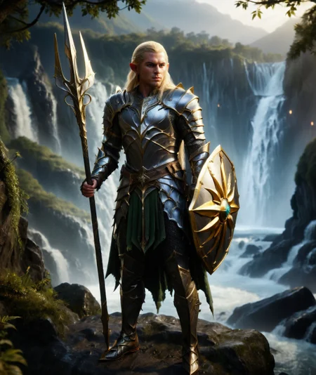 In a Fantasy Middle-earth world in the dark ages Carcharoth, a cinematic (full body shot:1.2) of a male elf warrior with pointy ears in shiny armor holding a (spear and a shield:1.1), gold ornaments and decorated armor, long blonde silk hair, elf town with waterfalls background, night, dark rim light, middle-earth, <lora:The Lord of the Rings style v2:1>, The Lord of the Rings style, (hkstyle:1.1), <lora:detailed_hands:0.7>, hand, 8k, HDR, UHD, insane details, award-winning photo, <lora:detailed_notrigger:0.8>, <lora:XL_Weapon_Spear_and_Shield_-_By_HailoKnight:0.40>, (view from distance, wide angle:1.1), <lora:zavy-rmlght-sdxl:0.8>, zavy-rmlght
