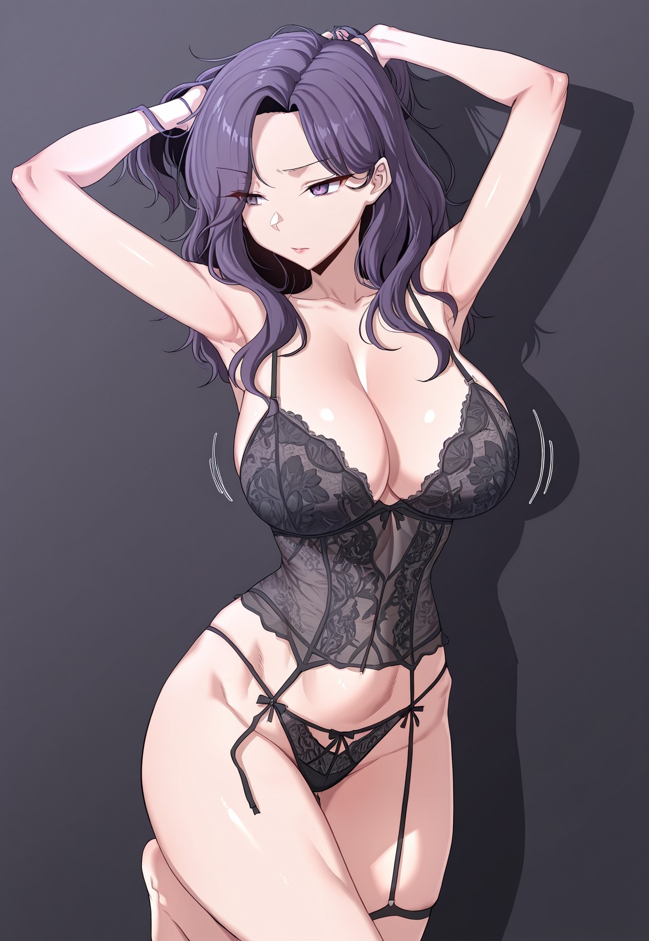 uhm jayeong, sharp eyes, medium-length wavy purple hair, large breasts, wide hips, manhwa, 1girl, black lace lingerie, standing with one leg forward, arms raised to fix her hair, confident expression, intense eye contact, soft shadows, solo scene