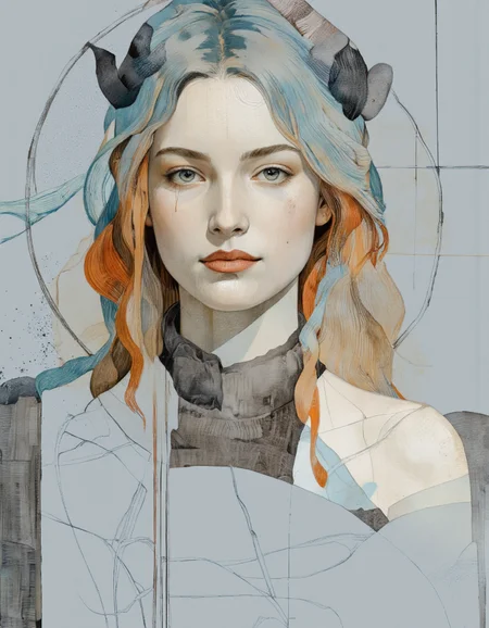 . A digital illustration shoot from a portrait camera angle about a stylized portrait of a woman with abstract lines and geometric shapes surrounding her face. the image also shows a woman's face in the middle of the image, with her upper body visible. the woman appears to be a young adult, with light skin and a calm, serene expression. she is facing the viewer with her eyes looking directly at the viewer. her hair is styled in loose, wavy strands, with a mix of light blue and orange tones. her lips are slightly parted, and she is wearing minimal clothing. the background is a simple, light grey color, and the image is composed of various geometric shapes and lines in shades of blue, orange, and gray, creating a visually striking composition.
