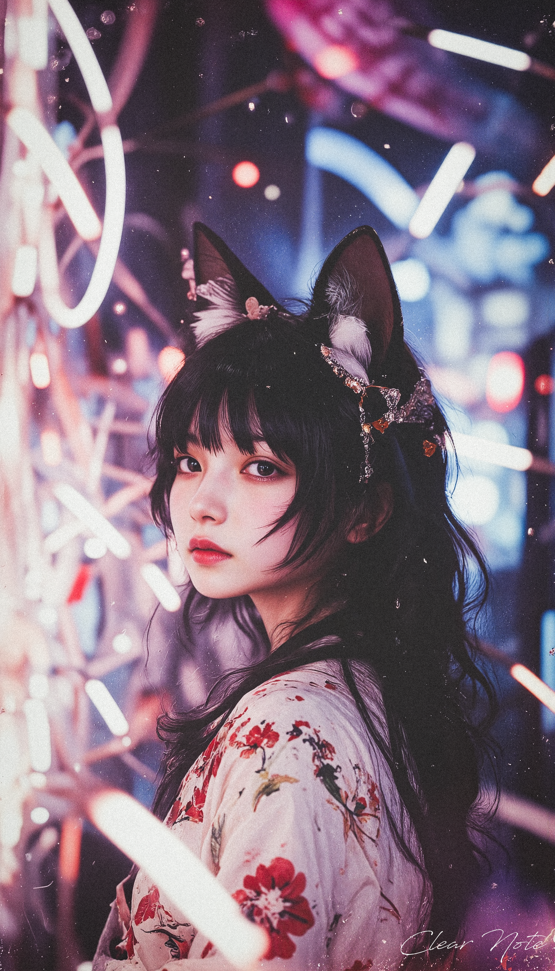 Neo Photorealistic Art Style, A Japanese girl with fox ears and flowing black hair wears a floral white furisode. She embodies Neo-Japan futurism, set in a surreal, intricate white background of modern complexity.