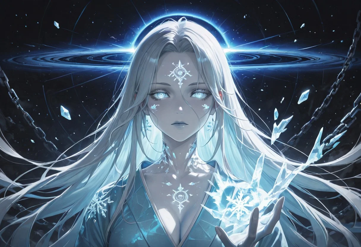 masterpiece,best quality,amazing quality,absurdres, BREAK 
1girl, light blue kimono, floating snowflakes, glowing light blue cracks, starless sky, black hole backdrop, eldritch runes, chains (broken), ice magic, pale skin, colored skin, white skin, glowing blue eyes, floating debris, apocalyptic aura, portrait: symmetrical framing, cosmic horror, anti-gravity hair, white hait, long hair,  reality distortion, forgotten civilization