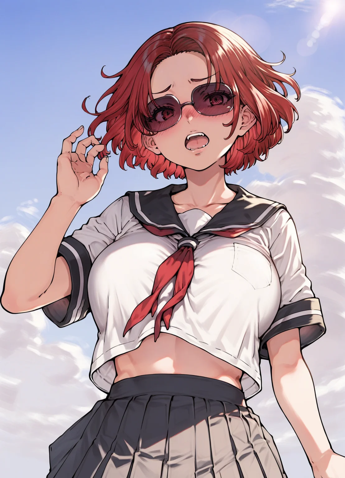 score_9, score_8_up, score_7_up,source_anime,uncensored,cowboy shot,
<lora:siwasunookina :0.8> siwasunookina style, 1girl,school uniform,sailor collar, ,large breasts, sunglasses, open mouth, short hair, red hair, blush,
