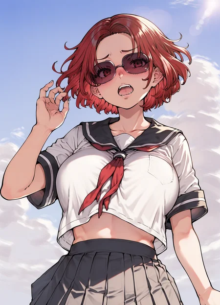 score_9, score_8_up, score_7_up,source_anime,uncensored,cowboy shot,
<lora:siwasunookina :0.8> siwasunookina style, 1girl,school uniform,sailor collar, ,large breasts, sunglasses, open mouth, short hair, red hair, blush,