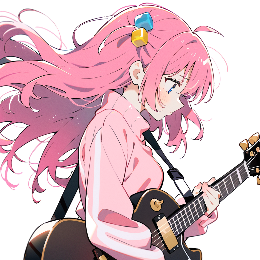 masterpiece, best quality, <lora:style28-xl-a3.1:1>,bocchi the rock!,1girl, gotou hitori, cube hair ornament, pink hair, instrument, solo, long hair, white background, holding instrument, simple background, sweater, playing instrument, upper body, guitar, holding, music, gibson les paul, long sleeves, blue eyes, bangs, hair between eyes, closed mouth, electric guitar, from side, pink sweater, pink jacket, turtleneck, cube hair ornament, looking down, turtleneck sweater