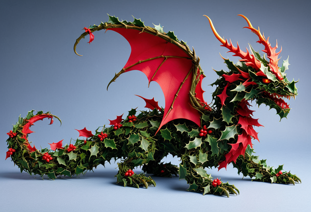 M1STL3T03, (medium full shot) of a dragon made of holly mistletoe, red eyes, dragon horns, wings, breathing fire, fiery breath, , best quality, masterpiece