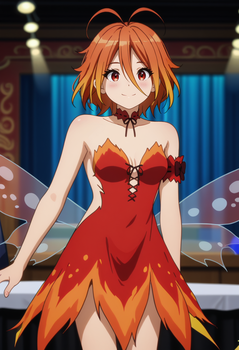 score_7_up, anime screencap,
<lora:AmagiBrilliantPark_SalamaXL:0.9>, SalamaABP,
1girl, solo, light smile, blush,
medium hair, multicolored hair, orange hair, red eyes, antenna hair,
SalamaDress, fairy wings, medium breasts, red choker, strapless dress, red dress, red armband, red bow,
standing, looking at viewer, thigh gap,
blurry background, stage lights, stage