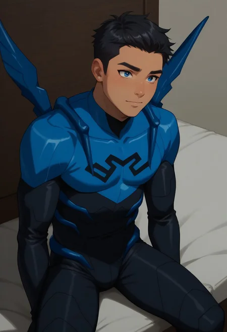 score_9, score_8_up, score_7_up, highly detailed, cute boy, 1boy, solo, Blue beetle, blue and black costume, black hair, brown skin