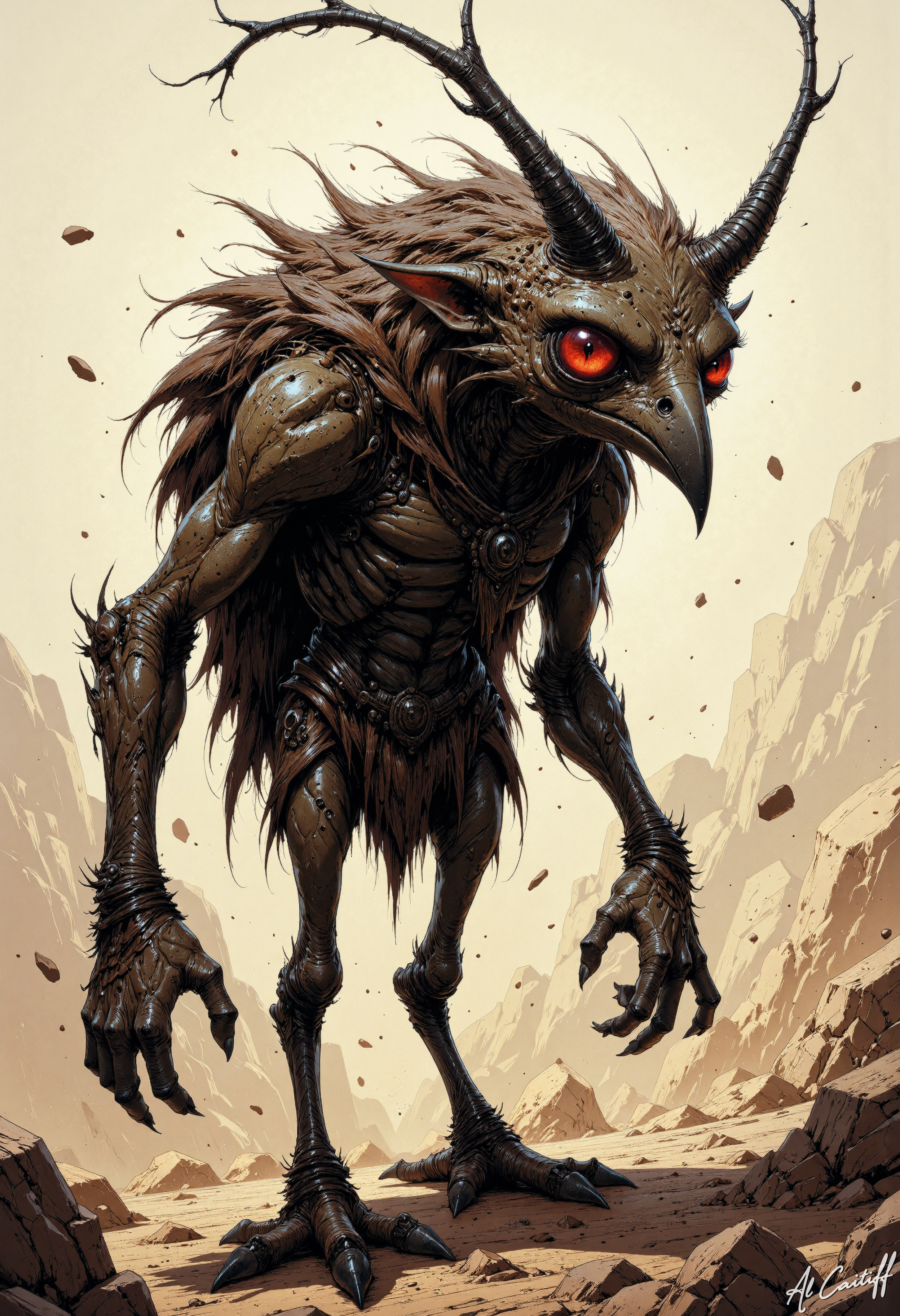 a grotesque and unsettling scene of a bizarre creature engaging in a strange and unnatural act. The creature, resembling a humanoid sparrow, stands on a barren and dusty ground, its red beady eyes fixed on something in the distance. Its body is covered in a thick, matted layer of brown feathers, with long, thin horns protruding from its head. The creature's face is long and pointed, with large, round eyes that seem to be staring into the abyss. Its arms and legs are thin and spindly, ending in sharp, claw-like fingers and toes. The creature's mouth is a small, pointed beak, and its overall appearance is one of eerie, unnatural fascination., CreeepyCuteMagic<lora:Flux/creeepycutemagic-000012 - version ER.safetensors:0.5:0.5> <lora:CustomFlux/MysticComic-v2.safetensors:0.5000000000000001:0.5000000000000001> <lora:CustomFlux/MysticFantasy.safetensors:0.15000000000000002:0.15000000000000002>