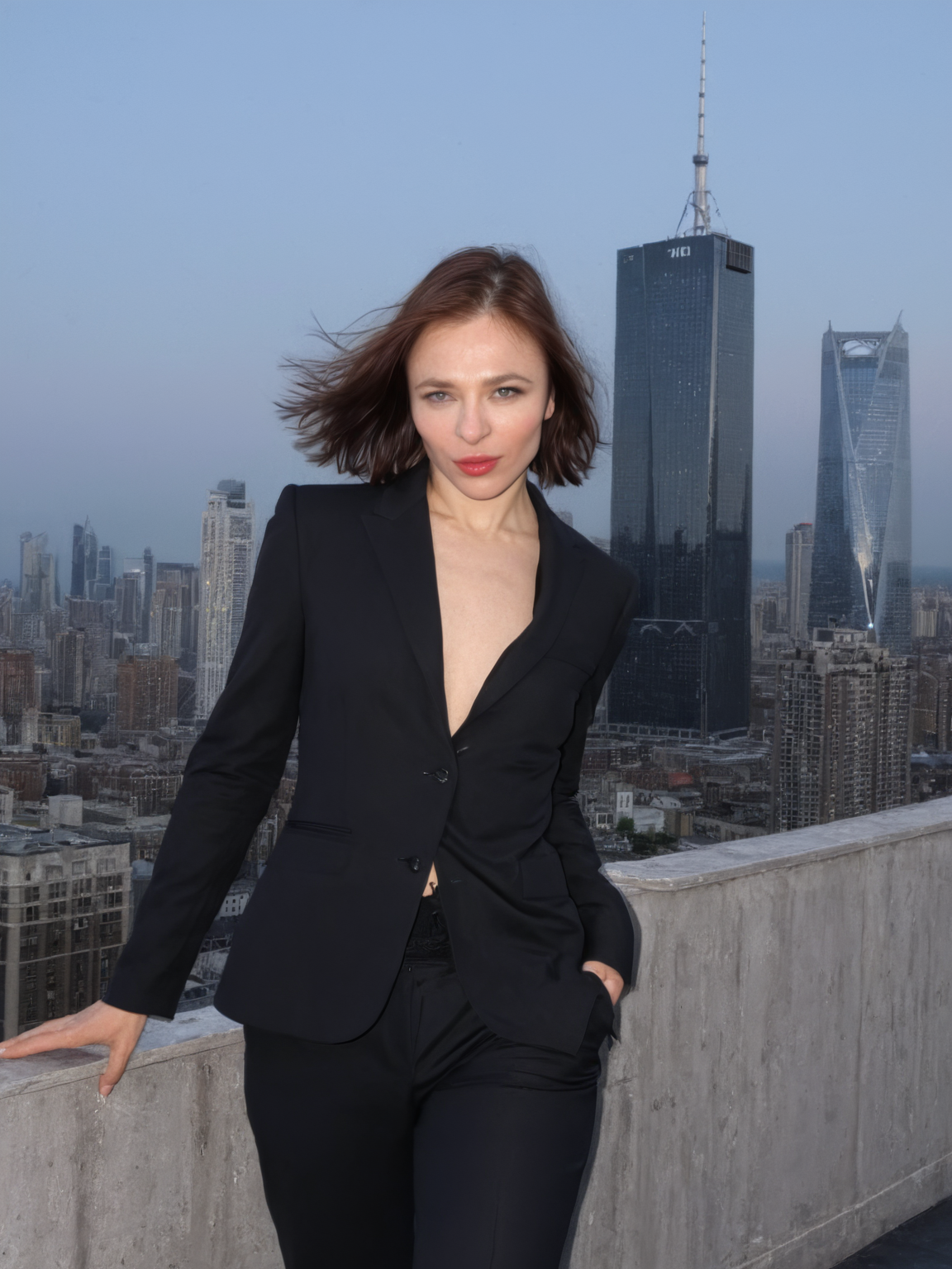 nina_kraviz, black suit, skyscrapers, rooftop, windy