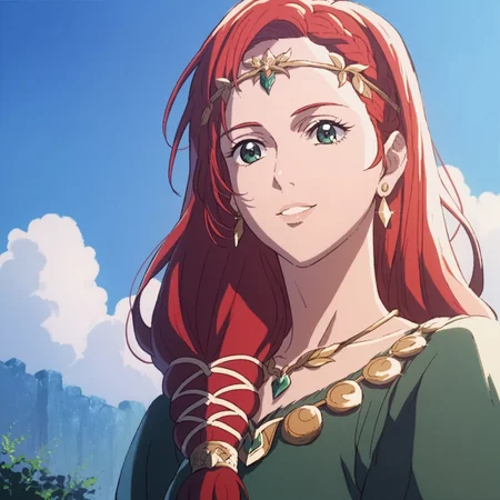 score_9, score_8_up, score_7_up, best quality, warofroh, 1girl, solo, red hair, Hera, earrings, necklace, braid, green dress, circlet, green eyes, standing, close up, smile, day, outside, blue sky
