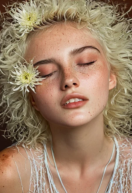 This is a highly detailed, hyper-realistic digital painting or photo-realistic digital illustration of a young woman with a strikingly ethereal appearance. The subject has short, platinum blonde hair styled in a messy, tousled manner with a subtle wave. Her skin is fair, covered in a light dusting of freckles across her cheeks and nose. Her eyes are closed, and her expression is serene with a slight smile. Her lips are full and slightly parted, giving an almost dreamy expression.
The woman's face and upper torso are adorned with a delicate, semi-transparent white netting that frames her face and cascades down her chest. This netting is adorned with large, delicate chrysanthemum flowers in shades of white and a hint of yellow, adding a surreal and otherworldly feel to the image. The flowers are positioned around her neck and shoulders, with some petals touching her skin.
Her makeup is subtle yet striking, with a focus on highlighting her natural beauty; she wears a soft, pale pink blush that subtly enhances her cheeks, and a touch of shimmer on her eyelids. The background is a warm, earthy brown, which contrasts subtly with the cool tones of her skin and the cool, white flowers.
