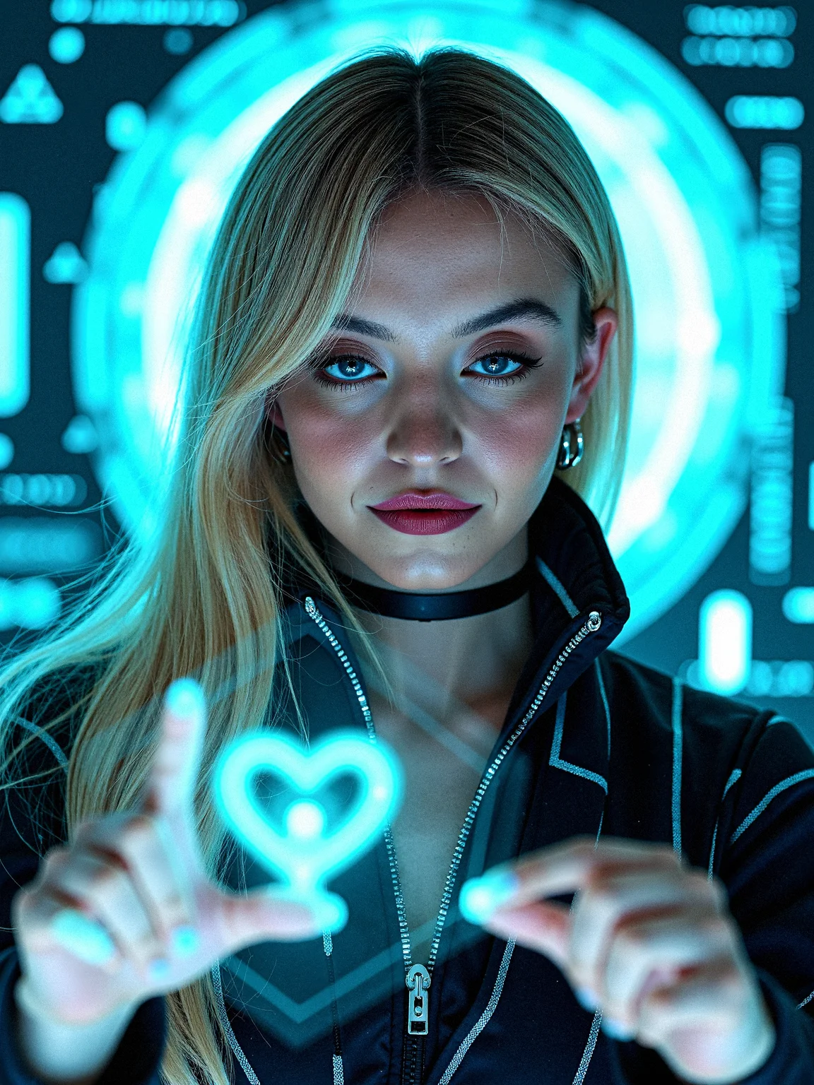 Photorealistic of a potrait shot scene where a young and gorgeous beauty as a Holographic Interface Designer with long platinum-blonde hair in the center of a futuristic, holographic interface. The vibrant cyan data rings and geometric shapes from the background are surrounding her, some even seemingly projected from her hands as if she’s controlling the interface. Her partially unzipped circuit print stylish futuristic engineer uniform and choker contrast with the high-tech environment, creating a visual blend of the modern and the digital. Her eyes are focused on a specific holographic display in front of her, as if she is analyzing data or searching for information.
subtle, dynamic holographic patterns that shift colors along the stripes of her outfit, integrating her more into the digital environment.faintly glowing lines within her outfit’s fabric, creating a futuristic look that suggests advanced material technology. Her heart pendant have a small, glowing core, pulsing with light in sync with the holographic background. Very realistic overall texture composition.
Hairstyle is Messy Bedhead Waves, Deliberately messy waves created by scrunching the hair with mousse or sea salt spray for an undone, edgy look.
varying levels of transparency to different holographic elements, creating a layered and dynamic interface. a slight reflective glare on her lips to match the ambient light, enhancing their natural appearance.minor, flickering glitches or pixelations on some holographic elements, adding realism and a sense of dynamic interaction.
Close-up with her eyes half-lidded and a slight, mysterious smile on her lips.