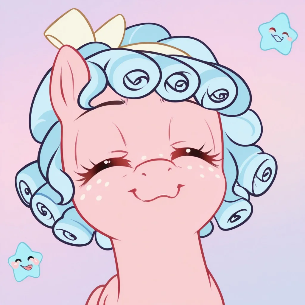 pony, 1girl, solo, feral, pony, mare, cg-mlp, pony, pegasus, pink body, red eyes, pale blue hair, ringlets, yellow hairband, freckles, face_focus, stickers, funny_picture, :3, closed_eyes, tounge_out, sticker_star,