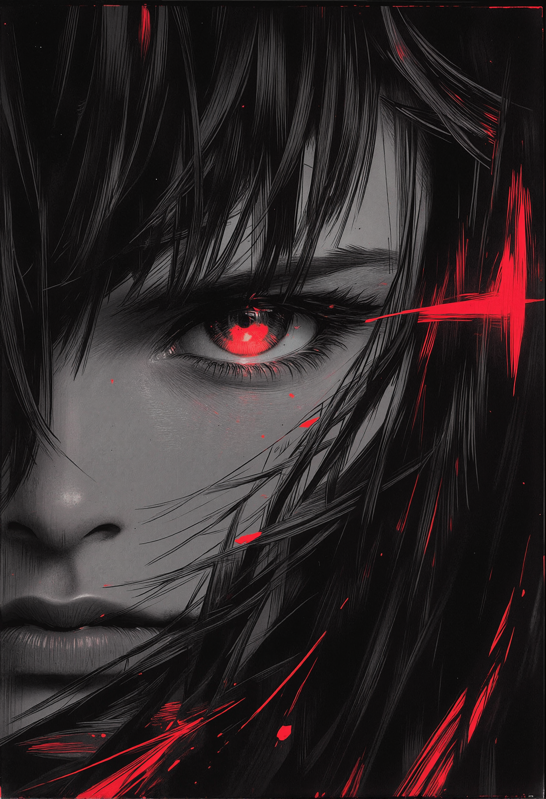 bv-anibrush, xslx scribble. A close-up of a strikingly beautiful young woman in a dark, futuristic dystopian cityscape at night, her salt and pepper hair flowing slightly disheveled, blending into the shadows. The faint glow of distant neon signs reflects off her sharp facial features. Her glowing eyes pierce through the surrounding darkness, capturing a sense of intensity and focus. The camera focuses on her face and hair, highlighting her determined expression and the subtle roughness of the art style with sketch-like textures, seen from slightly from behind, her hair framing her face as she looks over her shoulder, <lora:bv-anibrush-v1-flux.safetensors:1.0:1.0> <lora:Risograph_Style_FLUX_by_Ethanar-000001.safetensors:1.0:1.0> <lora:scribble-flux-v1.safetensors:0.5:0.5>