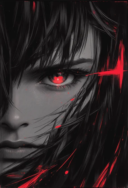 bv-anibrush, xslx scribble. A close-up of a strikingly beautiful young woman in a dark, futuristic dystopian cityscape at night, her salt and pepper hair flowing slightly disheveled, blending into the shadows. The faint glow of distant neon signs reflects off her sharp facial features. Her glowing eyes pierce through the surrounding darkness, capturing a sense of intensity and focus. The camera focuses on her face and hair, highlighting her determined expression and the subtle roughness of the art style with sketch-like textures, seen from slightly from behind, her hair framing her face as she looks over her shoulder, <lora:bv-anibrush-v1-flux.safetensors:1.0:1.0> <lora:Risograph_Style_FLUX_by_Ethanar-000001.safetensors:1.0:1.0> <lora:scribble-flux-v1.safetensors:0.5:0.5>