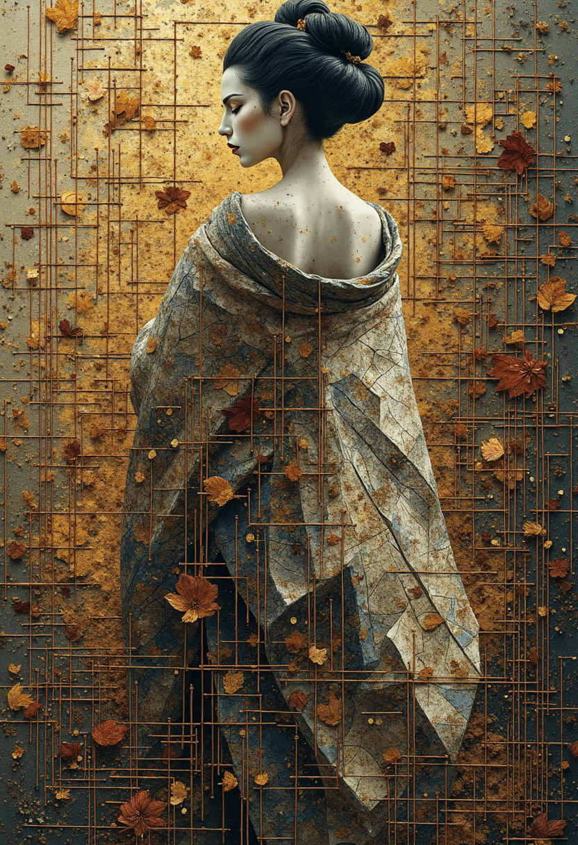 Embark on a visual journey into the Cubist realm as you behold an extraordinary fusion of fragmented forms and intriguing perspectives. The ethereal presence of an enigmatic geisha dances within the geometrically entwined lines of a dreamscape brought forth by Anne Bacheliers artistic spirit. Brushstrokes converge into a striking Cubist composition, where distinct dots merge harmoniously into complex shapes that evoke feelings of grace and mystique. With geometric planes overlapping and juxtaposing one another, shadows play off translucent radiance to create an otherworldly playground where light and darkness intermingle in perfect harmony. Allow yourself to be engulfed by this stunning artful Cubist symphonyâa visual narrative that transcends reality as it entwines past and present through masterful artistic strokes. ,<lora:flux/fav/ByElement.safetensors:1.0:1.0>