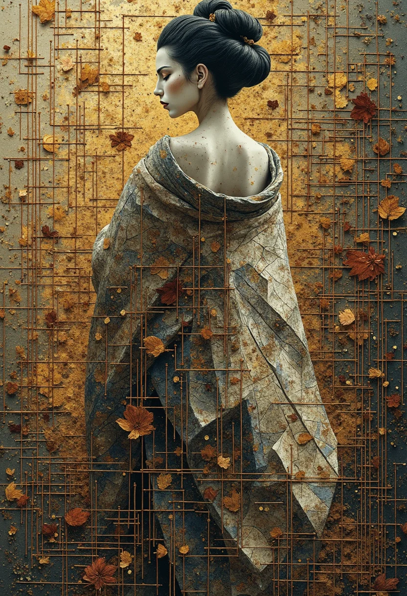Embark on a visual journey into the Cubist realm as you behold an extraordinary fusion of fragmented forms and intriguing perspectives. The ethereal presence of an enigmatic geisha dances within the geometrically entwined lines of a dreamscape brought forth by Anne Bacheliers artistic spirit. Brushstrokes converge into a striking Cubist composition, where distinct dots merge harmoniously into complex shapes that evoke feelings of grace and mystique. With geometric planes overlapping and juxtaposing one another, shadows play off translucent radiance to create an otherworldly playground where light and darkness intermingle in perfect harmony. Allow yourself to be engulfed by this stunning artful Cubist symphonyâa visual narrative that transcends reality as it entwines past and present through masterful artistic strokes. ,<lora:flux/fav/ByElement.safetensors:1.0:1.0>