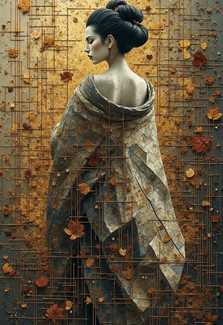 Embark on a visual journey into the Cubist realm as you behold an extraordinary fusion of fragmented forms and intriguing perspectives. The ethereal presence of an enigmatic geisha dances within the geometrically entwined lines of a dreamscape brought forth by Anne Bacheliers artistic spirit. Brushstrokes converge into a striking Cubist composition, where distinct dots merge harmoniously into complex shapes that evoke feelings of grace and mystique. With geometric planes overlapping and juxtaposing one another, shadows play off translucent radiance to create an otherworldly playground where light and darkness intermingle in perfect harmony. Allow yourself to be engulfed by this stunning artful Cubist symphonyâa visual narrative that transcends reality as it entwines past and present through masterful artistic strokes. ,<lora:flux/fav/ByElement.safetensors:1.0:1.0>