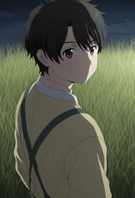 high resolution, solo, best quality, 1Boy, Inaho Kaizuka, Black Hair, Brown Eyes, grass, middle night, OverallDetail