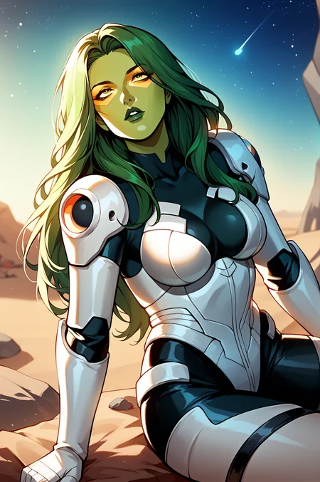score_9, score_8_up, score_7_up, score_6_up, source_anime, BREAK masterpiece, <lora:Gamora-GOTG:0.9>, GamoraGOTG, green skin, green hair, colored skin, yellow eyeshadow, black bodysuit, white armor, breasts, parted lips, space, stars, looking up, long hair, looking up, sitting, rocks, desert, night
