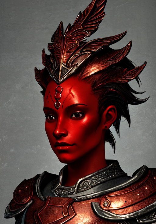 sfw, <lora:Dremora:0.8>, Dremora, 1girl, solo, colored skin, red skin, portrait,, copper skin, diamond body, petite breasts, (masterpiece, best quality, absurdres, detailed, ultra-detailed:1.3), (trending on CGSociety, trending on pixiv, contest winner:1.3)