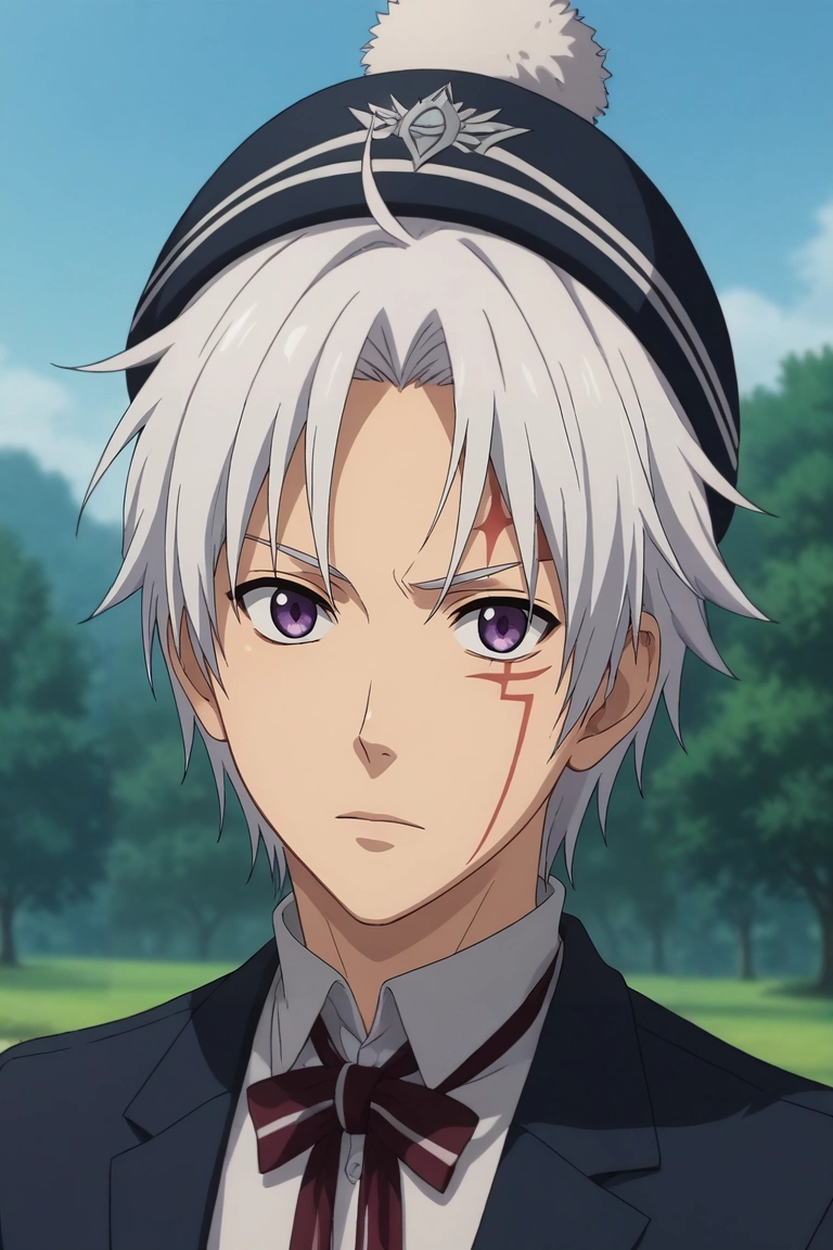 score_9, score_8_up, score_7_up, , rating_safe, intricate details, anime screencap, anime coloring, official style, looking at viewer, depth of field, 1boy, solo, male focus, <lora:allen_walker_pony:0.86>, allen_walker, white hair, purple eyes, short hair, scar, facial mark, hallow, , blazer, ski hat, <lora:sdxl_lightning_8step_lora:1>