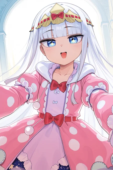 masterpiece, best quality, amazing quality,
<lora:Syalis_IL:1> syalis, star in eye, 1girl, symbol in eye, long hair, solo, bangs, open mouth, star (symbol), blunt bangs, dress, smile, looking at viewer, red bow, long sleeves, puffy sleeves, polka dot, blue eyes, pink dress, default outfit