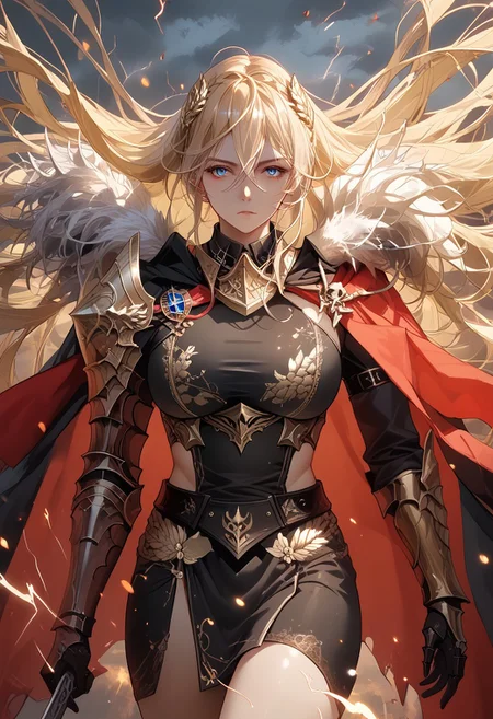 score_9, score_8_up, score_7_up, score_6_up, RAW, 8k, source_real, source_anime, cowboy shot, mlbszw, eldringpxl, elden ring, 1girl, solo, alternate costume, electricity, red lightning, dragon lord, dragon knight, full armor, plate armor, black armor, gold trim, breastplate, shoulder armor, pauldrons, armored boots, cuisses, gauntlets, holding sword, straight sword, crossguard, long hair, breasts, looking at viewer, blonde hair, very long hair, blue eyes, large breasts, military uniform, black cape, red cape, fur-trimmed cape, dragonlord placidusax, Expressiveh, azur lane, detail1eye,