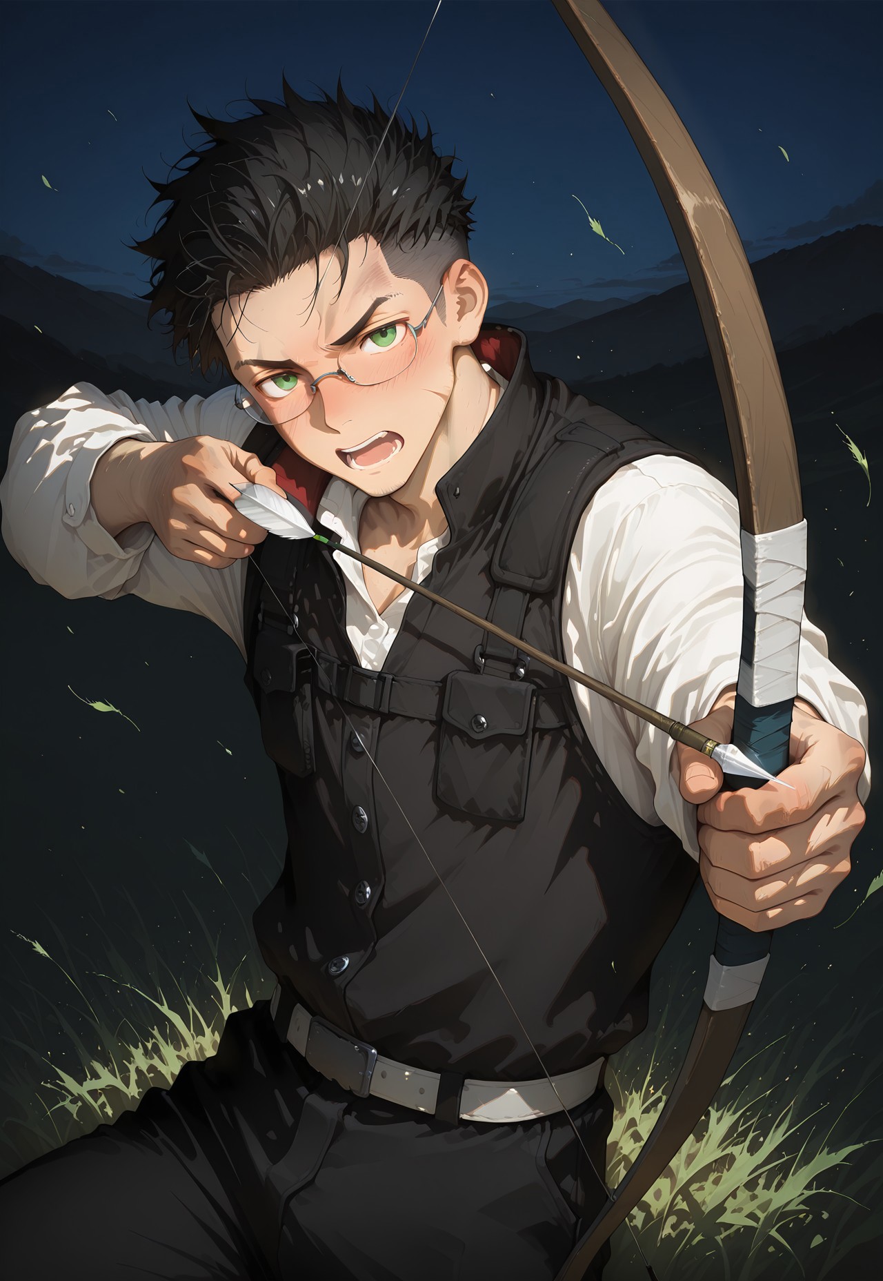 hu99y, 1boy, (waist high reed, weeds:1.8), detailed face,short black hair, undercut, dramatic, green eyes, stubble, (bow (weapon), aiming a bow at viewer, arrow:1.35), action pose, dark, mature, stubble, blush, howl, open mouth, scars, bruise, glasses, motion blur, angry
BREAK,masterpiece, best quality, very aesthetic,absurdres,newest, highest detailed, windy, film grain, look at viewer, red and black color scheme, foreshortening, dynamic shot, 