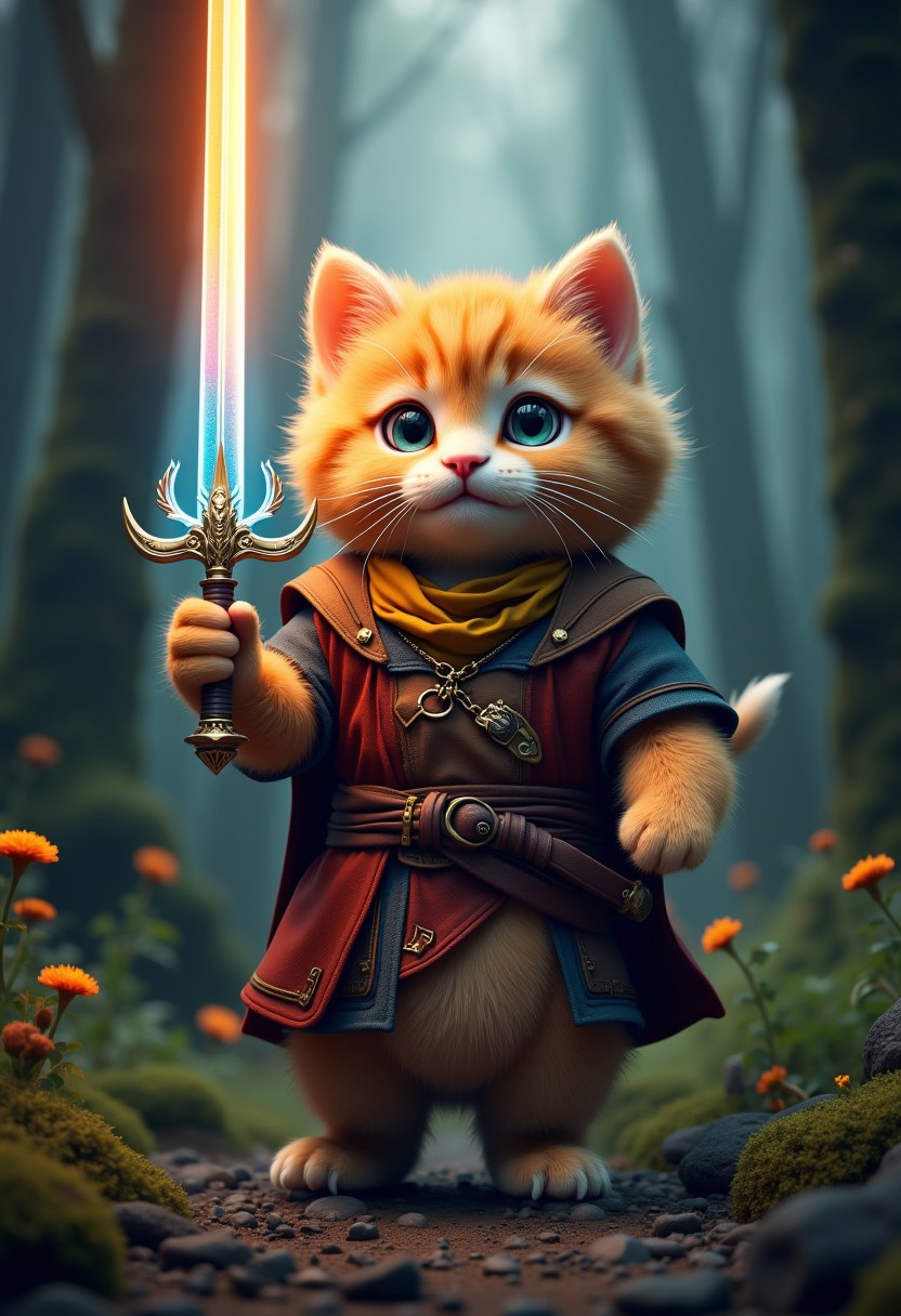 photorealistic,. a realistic human-like fluffy kitten holding a legendary sword. the sword is bright and colorful, emits powerful aura ,surrounded dark forest. very detailed, amazing quality, intricate, cinematic light, highly detail, beautiful, cinematic lighting, A dog as his horse ,rare plants, 3d cg, 8k,wearing a fantasy hero attire