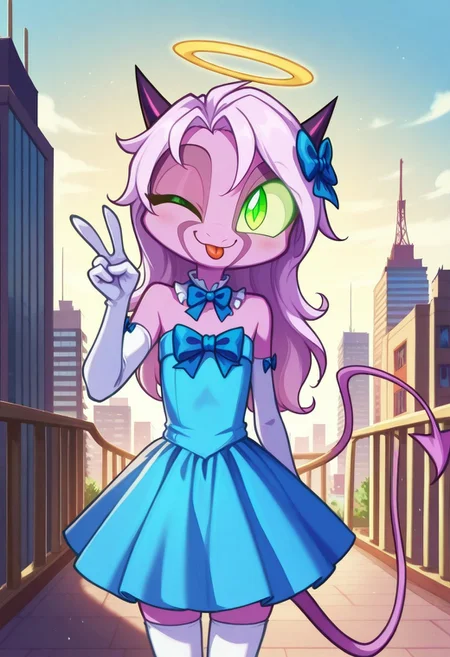 Dreamkeepers,1girl,Prelude_Namah,solo,demon tail, green eyes, horns,
child, kid,
masterpiece, best quality, long hair, hair ornament, halo, tail, detached collar, frilled collar, white elbow gloves, multicolored dress, blue dress, blue bow, white thighhighs, smile, :p, tongue out, v, peace sign, hand up, looking at viewer, head tilt, one eye closed, outdoors, city,