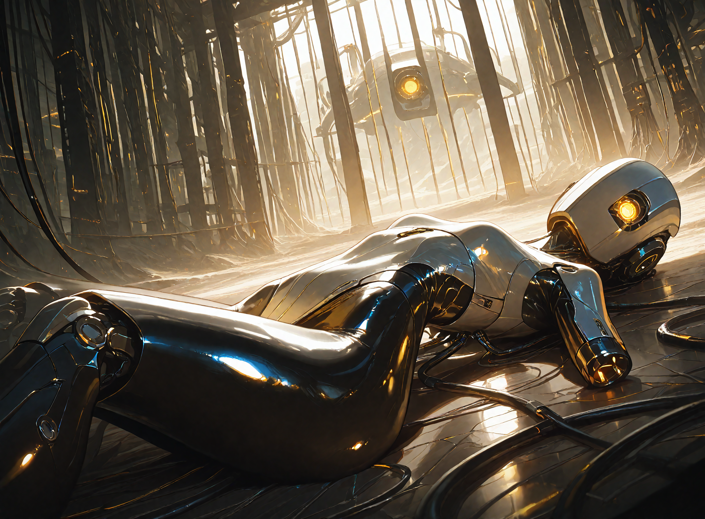masterpiece, best quality, amazing quality, very aesthetic, absurdres,  newest,
scenery,dutch angle,intricate,humid skin, shiny skin, lab,neon lights, rella, rolua, negative space, cinematic shot,
BREAK
solo,glados, 1 girl,  robot,humanoid robot,robot joints, joints,android,yellow eye,one-eyed,no mouth, science fiction,cable,GLaDOSSDXL,metal eyes,metal skin, white skin,leg robot joints,hip robot joints,robot joints, thick thighs ,
shiny skin ,humid skin, bloom ,intricate ,volumetric lighting,
,on back, lying electric cable connects to body, cable, looking at viewer,amputee ,
<lora:illustrious_noobai_epsilon_pred_1_best_quality_v1:0.7> ,<lora:illustrious_noobai_epsilon_pred_1_masterpieces_v1:0.7>, <lora:ponyv4_noob1_2_adamW:0.7>, <lora:add-detail-xl:0.4>,<lora:UK shiny_skin1v_ILXL:1> <lora:DonMX3n0T3chXL:0.8>, <lora:GLaDOSSDXL:1>
masterpiece, best quality, amazing quality, very aesthetic, absurdres, newest,