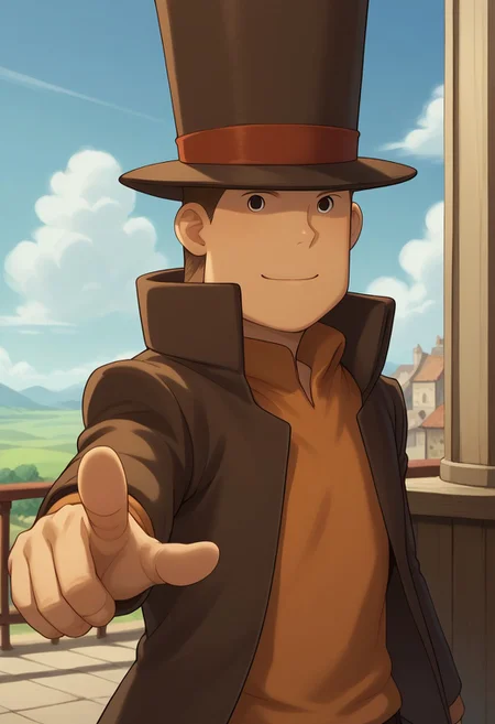 score_9, score_8_up, score_7_up, source_anime, highly detailed,
proflayton, hat, solo, 1boy, male focus, pointing, top hat, brown hair, pointing at viewer, upper body, standing, smile, shirt, orange shirt, brown jacket, brown pants, closed mouth,
outdoor, sky, building, steampunk
